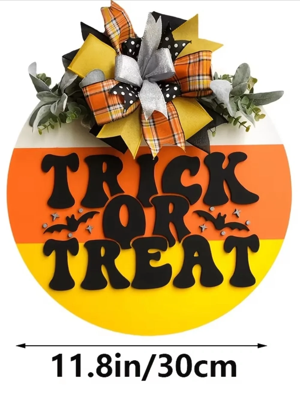 Retro 70’s Style Trick or Treat Candy Corn Door Hanger - Orange, Yellow & Bows